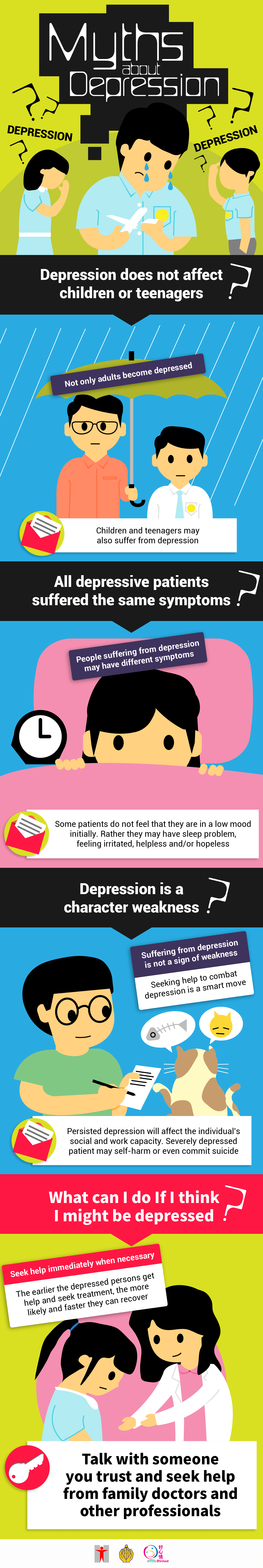 (Info graphic) Myths about Depression/Depression does not affect children or teenagers?Not only adults become depressed/Children and teenagers may also suffer from depression/All depressive patients suffered the same symptoms?People suffering from depression may have different symptoms/Some patients do not feel that they are in a low mood initially. Rather they may have sleep problem, feeling irritated, helpless and/or hopeless/Depression is a character weakness?Suffering from depression is not a sign of weakness/Seeking help to combat depression is a smart move/Persisted depression will affect the individual’s social and work capacity. Severely depressed patient may self-harm or even commit suicide/What can I do If I think I might be depressed?Seek help immediately when necessary/The earlier the depressed persons get help and seek treatment, the more likely and faster they can recover/Talk with someone you trust and seek help from family doctors and other professionals