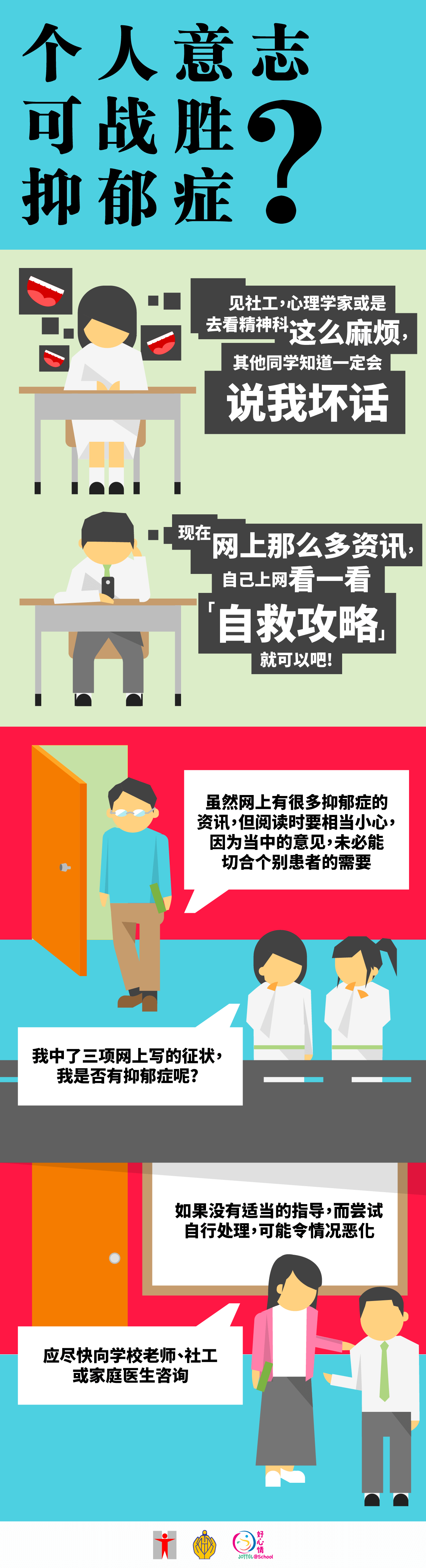 (信息图表) 情绪低落=抑郁症？「情绪低落」是一种情绪/而「抑郁症」是一种病症/当生活上遇到不如意时/我们会感到伤心、失望或难受/这是自然反应/觉得「不开心」的人不一定是患上「抑郁症」/如果抑郁情绪是严重而持续的，而且对日常生活有重大影响，例如：不能上学、吃不下东西、社交退缩，严重的情况甚至有自杀念头/就有可能患上抑郁症/鼓励儿童及青少年向信任的人倾诉自己的感受 
