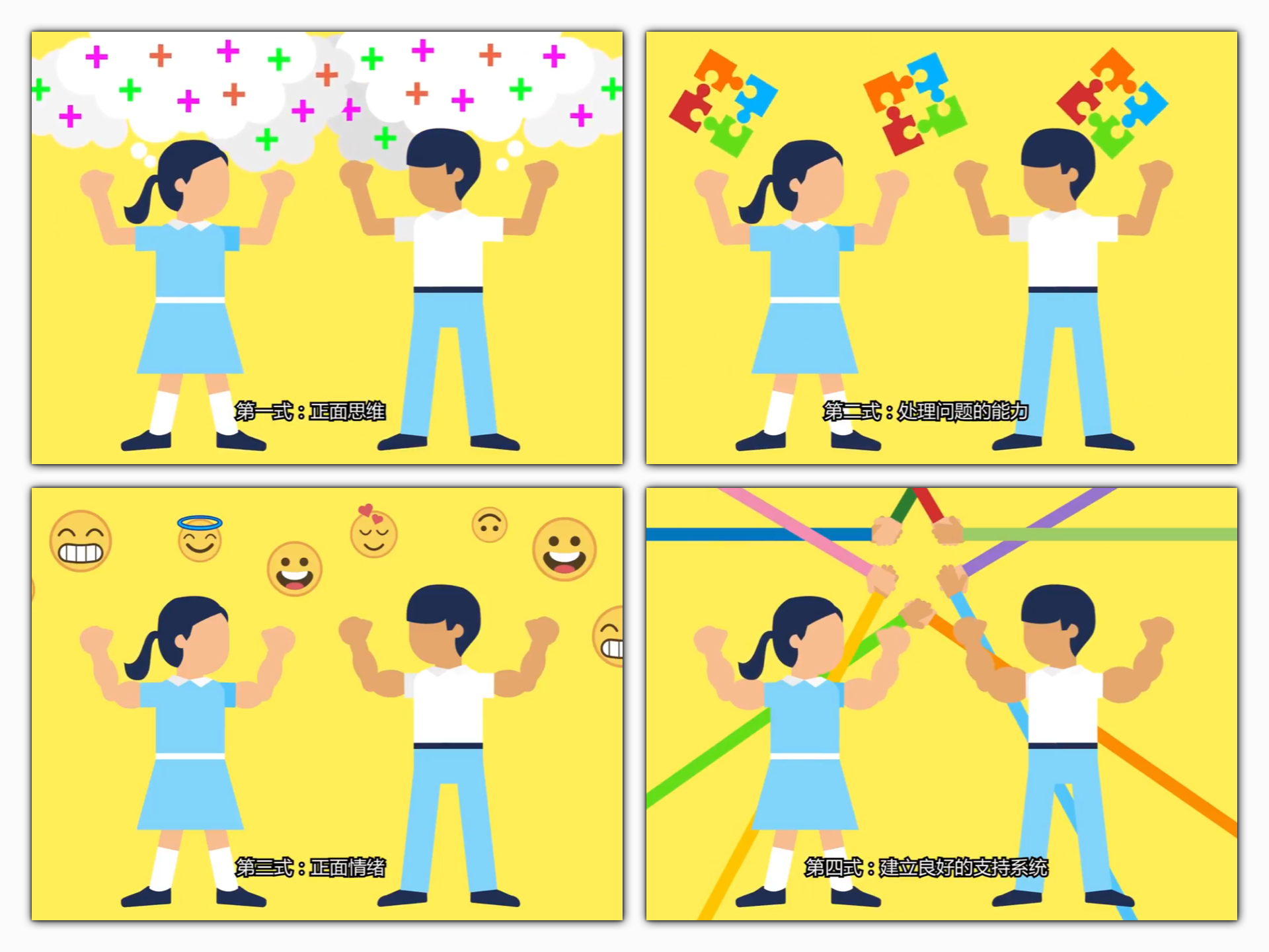 (信息图表) 锻炼反弹力/第一式︰正面思维/第二式︰处理问题的能力/第三式︰正面情绪/第四式︰建立良好的支持系统 