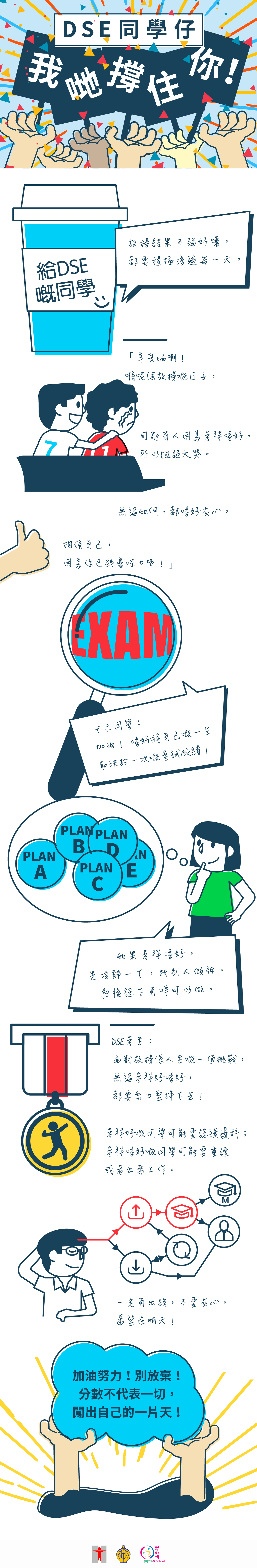 為DSE同學仔打打氣/DSE同學仔，我哋撐住你！/ 給DSE嘅同學/放榜結果不論好壞，都要積極渡過每一天。/ 「辛苦哂喇！喺呢個放榜嘅日子，可能有人因為考得唔好，所以抱頭大哭。無論如何，都唔好灰心。相信自己，因為你已經盡咗力喇！」/ 中六同學：加油！唔好將自己嘅一生取決於一次嘅考試成績！ /  如果考得唔好，先冷靜一下，找別人傾訴，然後諗下有咩可以做。 / DSE考生： 面對放榜係人生嘅一項挑戰，無論考得好唔好，都要努力堅持下去！考得好嘅同學可能要諗讀邊科；考得唔好嘅同學可能要重讀或者出來工作。一定有出路，不要灰心，希望在明天！ / 加油努力！別放棄！分數不代表一切，闖出自己的一片天！ 