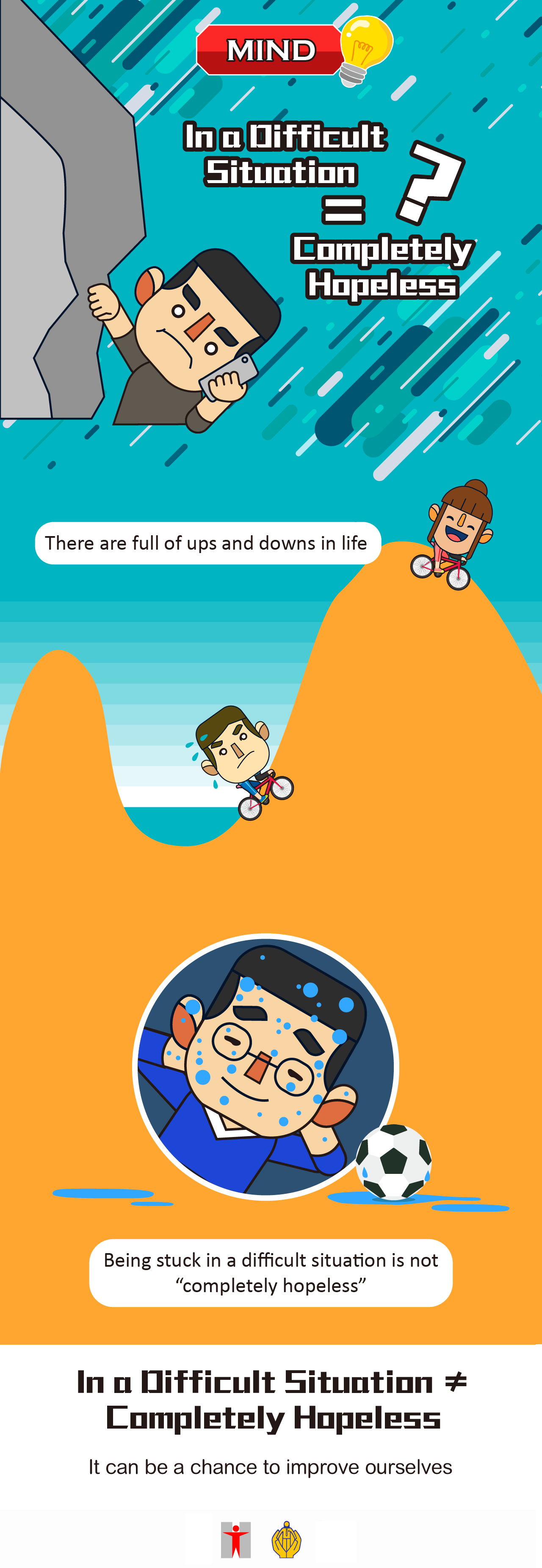 In a Difficult Situation = Completely Hopeless? There are full of ups and downs in life. Being stuck in a difficult situation is not “completely hopeless”. Being able to face the problems not only helps you overcome the adversity, but also makes you stronger. You will be equipped with better coping skills and be more prepared for future challenges. In a Difficult Situation ≠ Completely Hopeless. It can be a chance to improve ourselves