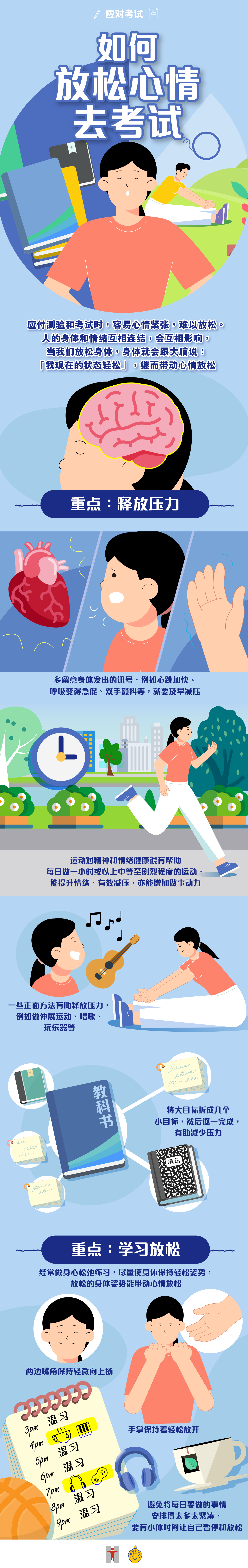 应对考试 / 如何放松心情去考试 / 应付测验和考试时，容易心情紧张，难以放松。 / 人的身体和情绪互相连结，会互相影响，当我们放松身体，身体就会跟大脑说：「我现在的状态轻松」，继而带动心情放松 / 重点：释放压力 / 多留意身体发出的讯号，例如心跳加快、呼吸变得急促、双手颤抖等，就要及早减压 / 运动对精神和情绪健康很有帮助 / 每日做一小时或以上中等至剧烈程度的运动，能提升情绪，有效减压，亦能增加做事动力 / 一些正面方法有助释放压力，例如做伸展运动、唱歌、玩乐器等 / 将大目标拆成几个小目标，然后逐一完成，有助减少压力 / 重点：学习放松 / 经常做身心松弛练习，尽量使身体保持轻松姿势，放松的身体姿势能带动心情放松 / 两边嘴角保持轻微向上扬 / 手掌保持着轻松放开/ 避免将每日要做的事情安排得太多太紧凑，要有小休时间让自己暂停和放松