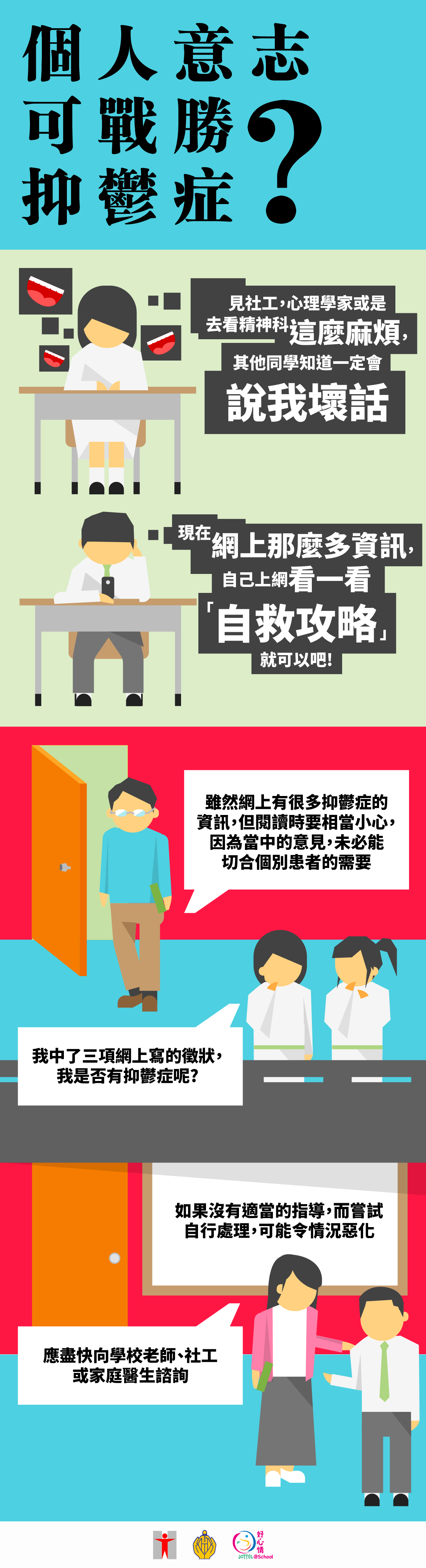 個人意志可戰勝抑鬱症？/見社工，心理學家或是去看精神科這麼麻煩，其他同學知道一定會說我壞話/現在網上那麼多資訊自己上網看一看「自救攻略」就可以吧！雖然網上有很多抑鬱症的資訊，但閱讀時要相當小心，因為當中的意見，未必能切合個別患者的需要/我中了三項網上寫的徵狀，我是否有抑鬱症呢？如果沒有適當的指導，而嘗試自行處理，可能令情況惡化/應盡快向學校老師、社工或家庭醫生諮詢