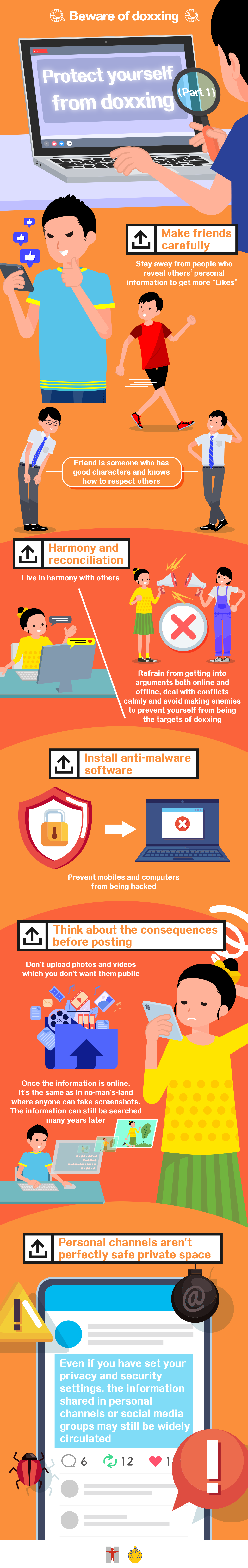 Beware of doxxing / Protect yourself from doxxing (Part 1) / Make friends carefully / Stay away from people who reveal others' personal information to get more “Likes” / Friend is someone who has good characters and knows how to respect others / Harmony and reconciliation / Live in harmony with others / Refrain from getting into arguments both online and offline, deal with conflicts calmly and avoid making enemies to prevent yourself from being the targets of doxxing / Install anti-malware software / Prevent mobiles and computers from being hacked / Think about the consequences before posting / Don't upload photos and videos which you don't want them public / Once the information is online, it's the same as in no-man's-land where anyone can take screenshots. The information can still be searched many years later / Personal channels aren't perfectly safe private space / Even if you have set your privacy and security settings, the information shared in personal channels or social media groups may still be widely circulated