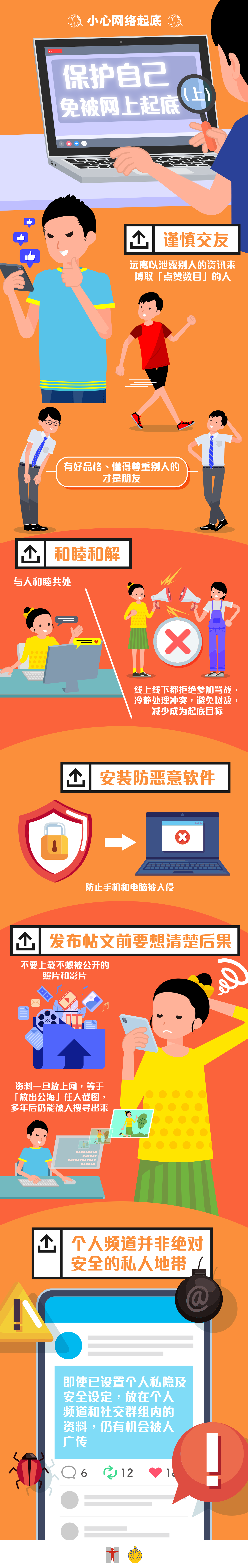 小心网络起底 / 保护自己免被网上起底 (上) / 谨慎交友 / 远离以泄露别人的資訊來搏取「点赞数目」的人 / 有好品格、懂得尊重別人的才是朋友 / 和睦和解 / 与人和睦共处 / 线上线下都拒绝参加骂战，冷静处理冲突，避免树敌，减少成为起底目标 / 安装防恶意软件 / 防止手机和电脑被入侵 / 发布帖文前要想清楚后果 / 不要上载不想被公开的照片和影片 / 资料一旦放上网，等于「放出公海」任人截图，多年后仍能被人搜寻出来 / 个人频道并非绝对安全的私人地带 / 即使已设置个人私隐及安全设定，放在个人频道和社交群组内的资料，仍有机会被人广传