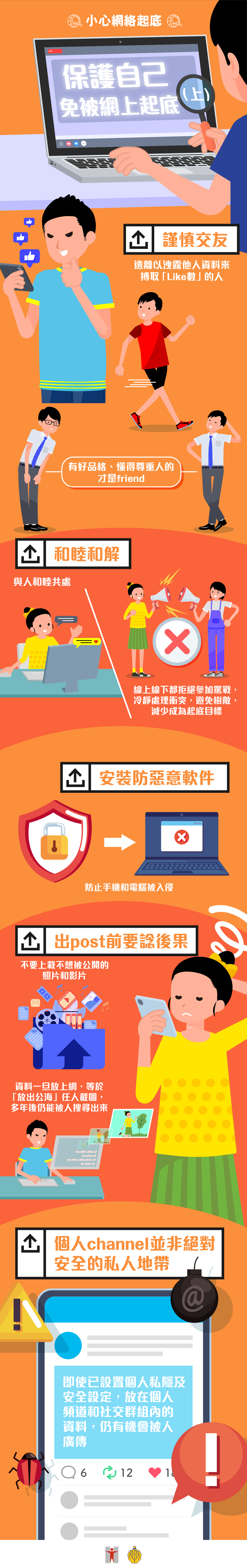 小心網絡起底 / 保護自己免被網上起底 (上) / 謹慎交友 / 遠離以洩露他人資料搏取「Like數」的人 / 有好品格、懂得尊重人的才是friend / 和睦和解 / 與人和睦共處 / 線上線下都拒絕參加罵戰，冷靜處理衝突，避免樹敵，減少成為起底目標 / 安裝防惡意軟件 / 防止手機和電腦被入侵 / 出post前要諗後果 / 不要上載不想被公開的照片和影片 / 資料一旦放上網，等於「放出公海」任人截圖，多年後仍能被人搜尋出來 / 個人channel並非絕對安全的私人地帶 / 即使已設置個人私隱及安全設定，放在個人頻道和社交群組內的資料，仍有機會被人廣傳