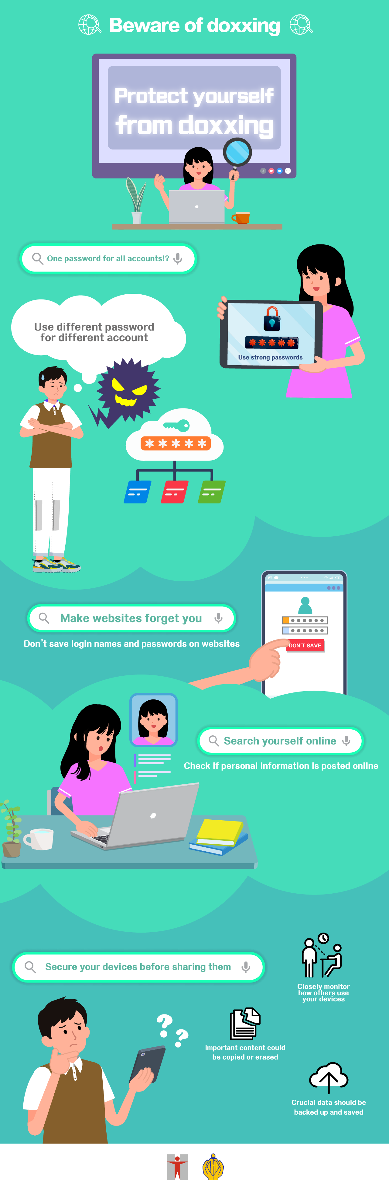 Beware of doxxing / Protect yourself from doxxing / One password for all accounts!? / Use strong passwords / Use different password for different account / Make websites forget you / Don't save login names and passwords on websites / Search yourself online / Check if personal information is posted online / Secure your devices before sharing them / Important content could be copied or erased / Closely monitor how others use your devices / Crucial data should be backed up and saved /