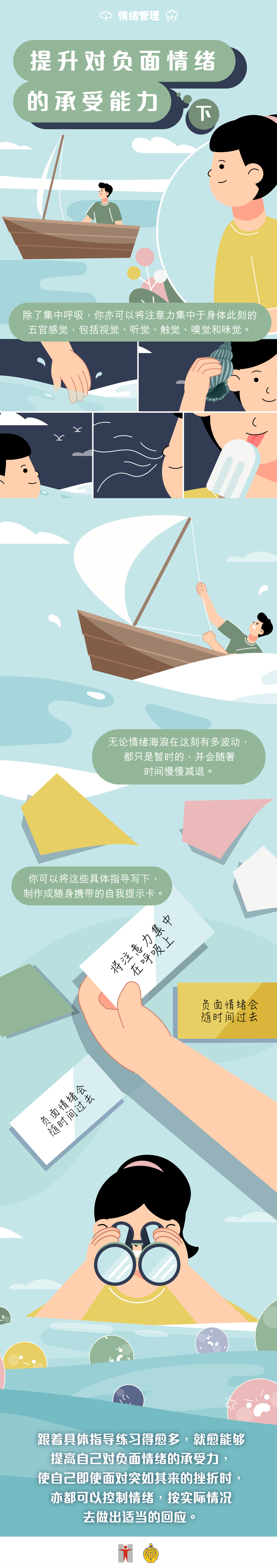 提升对负面情绪的承受能力 (下) / 除了集中呼吸，你亦可以将注意力集中于身体此刻的五官感觉，包括视觉、听觉、触觉、嗅觉和味觉。 / 无论情绪海浪在这刻有多波动，都只是暂时的，并会随着时间慢慢减退。 / 你可以将这些具体指导写下，制作成随身携带的自我提示卡。 / 跟着具体指导练习得愈多，就愈能够提高自己对负面情绪的承受力，使自己即使面对突如其来的挫折时，亦都可以控制情绪，按实际情况去做出适当的回应。
