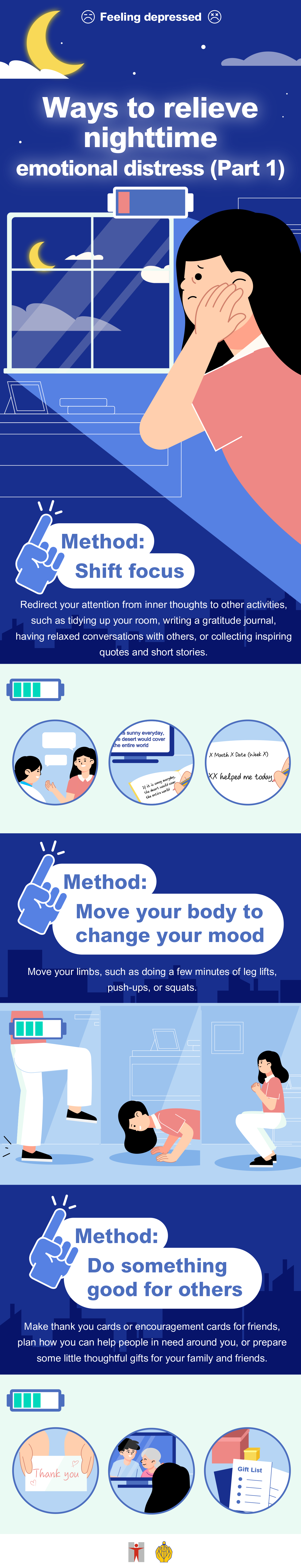Ways to relieve nighttime emotional distress (Part 1) / Method: Shift focus / Redirect your attention from inner thoughts to other activities, such as tidying up your room, writing a gratitude journal, having relaxed conversations with others, or collecting inspiring quotes and short stories. / Method: Move your body to change your mood / Move your limbs, such as doing a few minutes of leg lifts, push-ups, or squats. / Method 3: Do something good for others / Make thank you cards or encouragement cards for friends, plan how you can help people in need around you, or prepare some little thoughtful gifts for your family and friends.