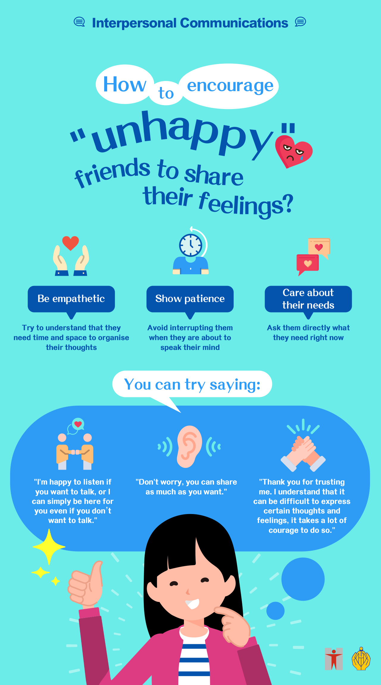 Interpersonal Communications / How to encourage “unhappy” friends to share their feelings? / Be empathetic / Try to understand that they take time and space to organise their thoughts / Show patience / Avoid interrupting them when they are about to speak their mind / Care about their needs / Ask them directly what they need right now / You can try saying: / “I'm happy to listen if you want to talk, or I can simply be here for you even if you don’t want to talk.” / “Don’t worry, you can share as much or as little as you want.” / “Thank you for trusting me. I understand that it can be difficult to express certain thoughts and feelings, it takes a lot of courage to do so. ”