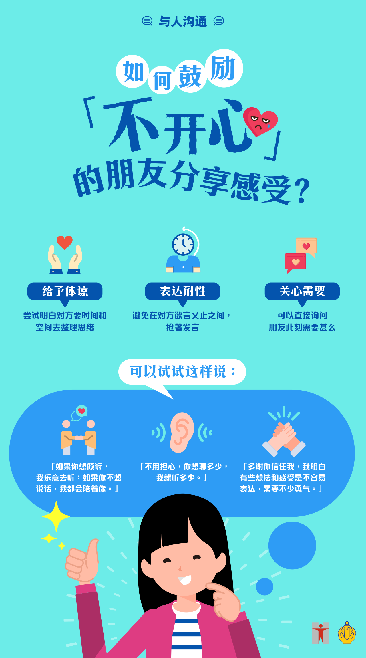 与人沟通 / 如何鼓励「不开心」的朋友分享感受？ / 给予体谅 / 尝试明白对方需要时间和空间去整理思绪 / 表达耐性 / 避免在对方欲言又止之间，抢着发言 / 关心需要 / 可以直接询问朋友此刻需要什么 / 可以试试这样说： / 「如果你想倾诉，我乐意去听；如果你不想说话，我都会陪着你。」 / 「不用担心，你想聊多少，我就听多少。」 / 「多谢你信任我，我明白有些想法和感受是不容易表达，需要不少勇气。」