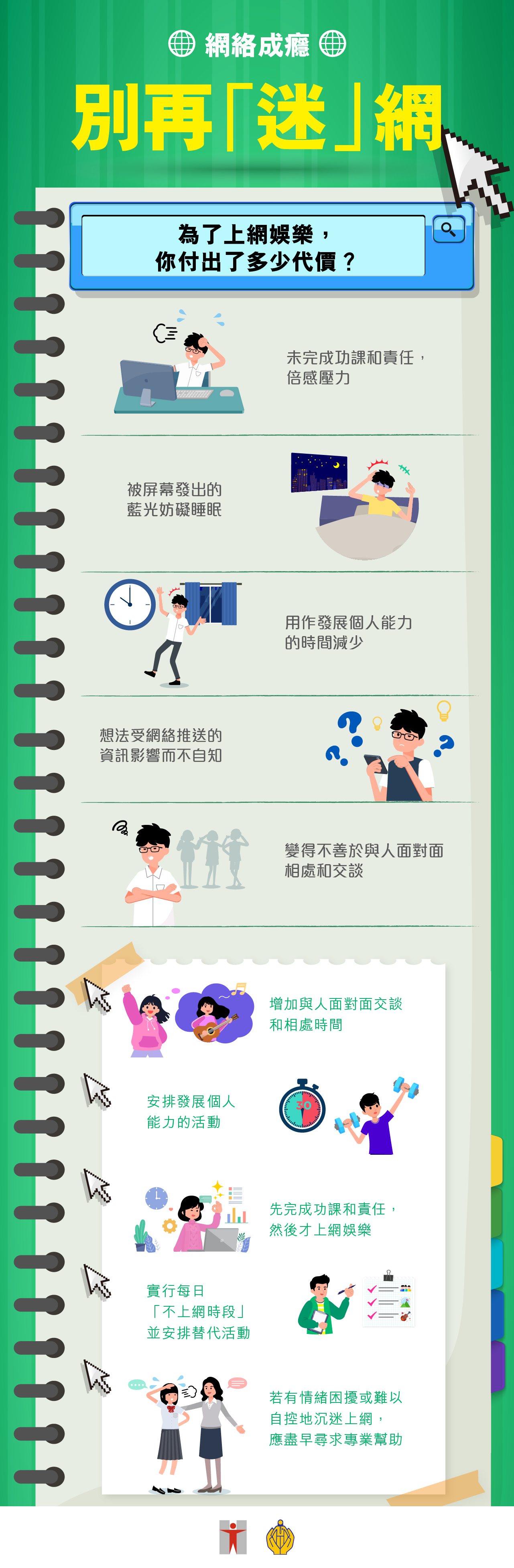 網路成癮 / 別再「迷」網 / 為了上網娛樂，你付出了多少代價？/ 未完成功課和責任，倍感壓力 / 被屏幕發出的藍光妨礙睡眠 / 用作發展個人能力的時間減少 / 想法受網絡推送的資訊影響而不自知 / 變得不善於與人面對面相處和交談 / 增加與人面對面交談和相處時間 / 安排發展個人能力的活動 / 先完成功課和責任，然後才上網娛樂 / 實行每日「不上網時段」並安排替代活動 / 若有情緒困擾或難以自控地沉迷上網，應盡早尋求專業幫助