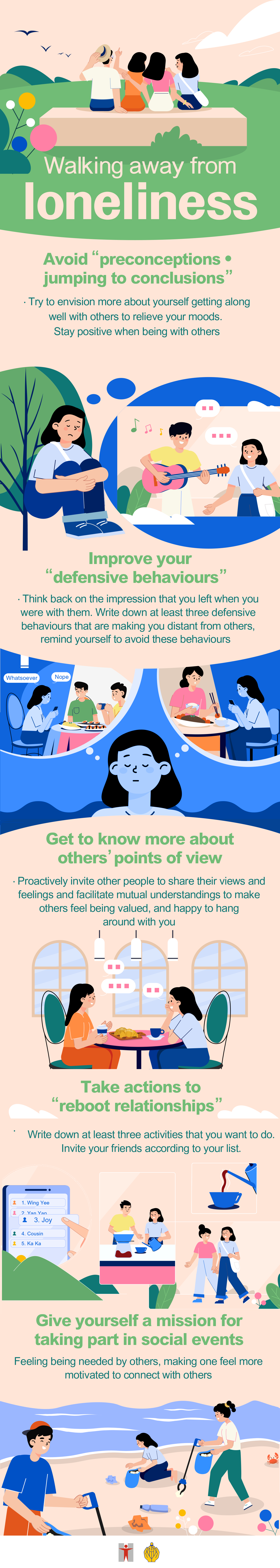 Walking away from loneliness / Avoid “preconceptions • jumping to conclusions” / Try to envision more about yourself getting along well with others to relieve your moods. Stay positive when being with others / Improve your “defensive behaviours” / Think back on the impression that you left when you were with them. Write down at least three defensive behaviours that are making you distant from others, remind yourself to avoid these behaviours / Get to know more about others’ points of view / Proactively invite other people to share their views and feelings and facilitate mutual understandings to make others feel being valued, and happy to hang around with you / Take actions to “reboot relationships” / Write down at least three activities that you want to do. Invite your friends according to your list. / Give yourself a mission for taking part in social events / Feeling being needed by others, making one feel more motivated to connect with others