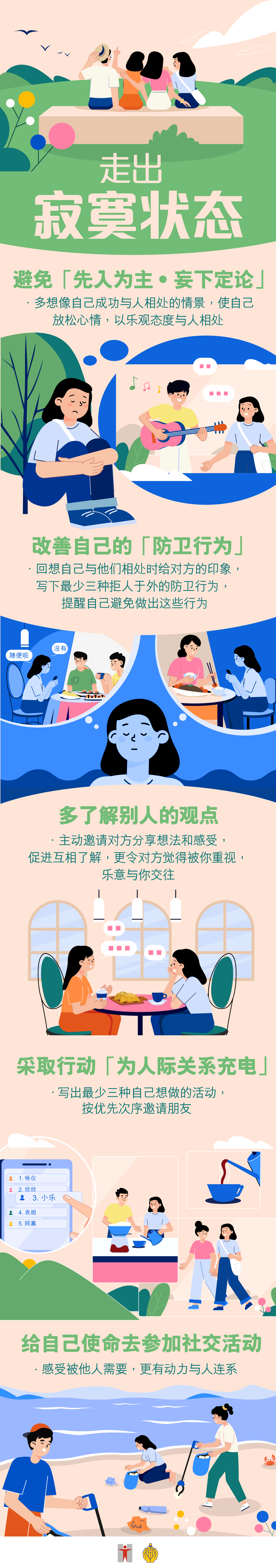 寂寞感是…… / 走出寂寞状态 / 避免「先入为主• 妄下定论」 / 孤单寂寞容易令人先入为主地想着被拒绝 / 多想像自己成功与人相处的情景，使自己放松心情，以乐观态度与人相处 / 改善自己的「防卫行为」 / 与人相处时，如果抱住疑虑及戒心，不自觉做出防卫行为，会令人以为你不想和他们交往，因而远离你 / 回想自己与他们相处时给对方的印象，写下最少三种拒人于外的防卫行为，提醒自己避免做出这些行为 / 多了解别人的观点 / 与人交谈时，避免只讲自己想法 / 主动邀请对方分享想法和感受，促进互相了解，更令对方觉得被你重视，乐意与你交往 / 采取行动「为人际关系充电」 / 按自己在哪些人面前比较轻松自在，列出一张朋友名单并排列出优先联络次序，写出最少三种自己想做的活动，按优先次序邀请朋友 / 给自己使命去参加社交活动 / 如果参与社交活动令自己尴尬、紧张，可以给自己参加活动的使命，为自己的行为赋予新意义，减轻不安感，提升自我价值，感受被他人需要，更有动力与人连系