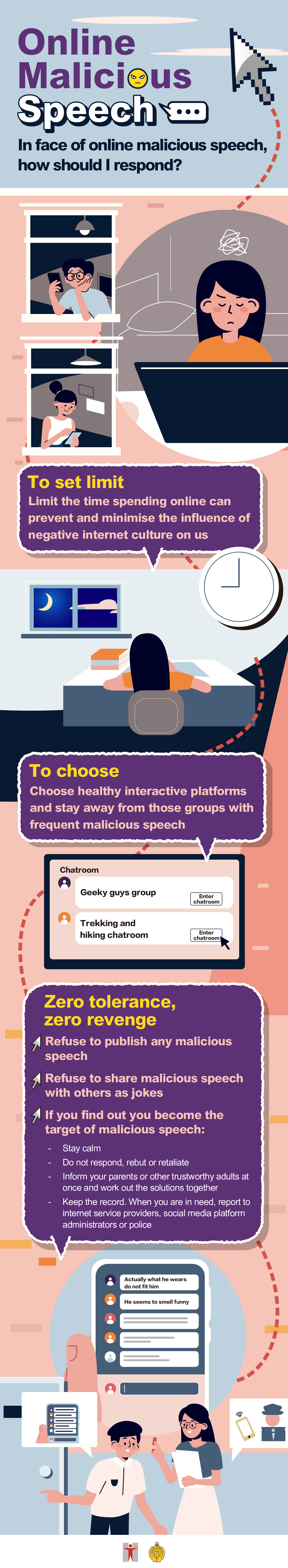 Online malicious speech / In face of online malicious speech, how should I respond? / To set limit / Limit the time spending online can prevent and minimize the influence of negative internet culture on us / To choose / Choose healthy interactive platforms and stay away from those groups with frequent malicious speech / Chatroom / Geeky guys group /  Enter chatroom / Trekking and hiking chatroom / Enter chatroom / Zero tolerance, zero revenge / Refuse to publish any malicious speech / Refuse to share malicious speech with others as jokes / If you find out you become the target of malicious speech: / Stay calm / Do not respond, rebut or retaliate / Inform your parents or other trustworthy adults at once and work out the solutions together / Keep the record. When you are in need, report to internet service providers, social media platform administrators or police / Actually what he wears do not fit him / He seems to smell funny