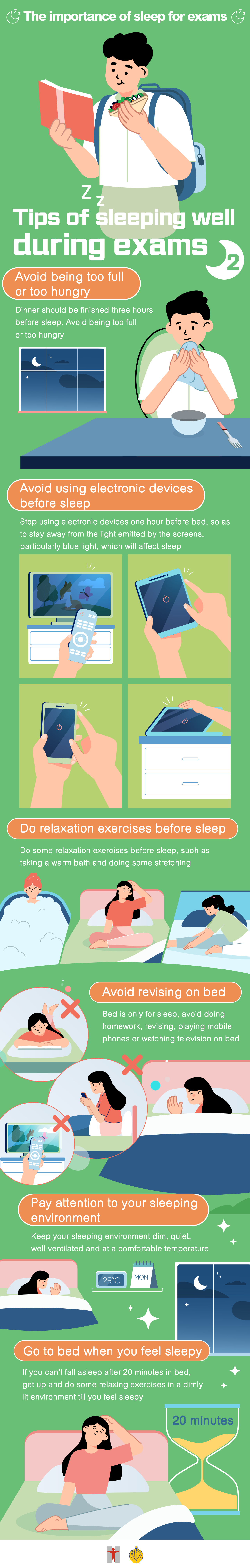 The importance of sleep for exams / Tips of sleeping well during exams (2) / Avoid being too full or too hungry / Dinner should be finished three hours before sleep. Avoid being too full or too hungry / Avoid using electronic devices before sleep / Stop using electronic devices one hour before bed, so as to stay away from the light emitted by the screens, particularly blue light, which will affect sleep / Do relaxation exercises before sleep / Do some relaxation exercises before sleep, such as taking a warm bath and doing some stretching / Avoid revising on bed / Bed is only for sleep, avoid doing homework, revising, playing mobile phones or watching television on bed Pay attention to your sleeping environment / Keep your sleeping environment dim, quiet, well-ventilated and at a comfortable temperature / Go to bed till you feel sleepy / If you can't fall asleep after 20 minutes on bed, get up and do some relaxing exercises in a dimly lit environment till you feel sleepy