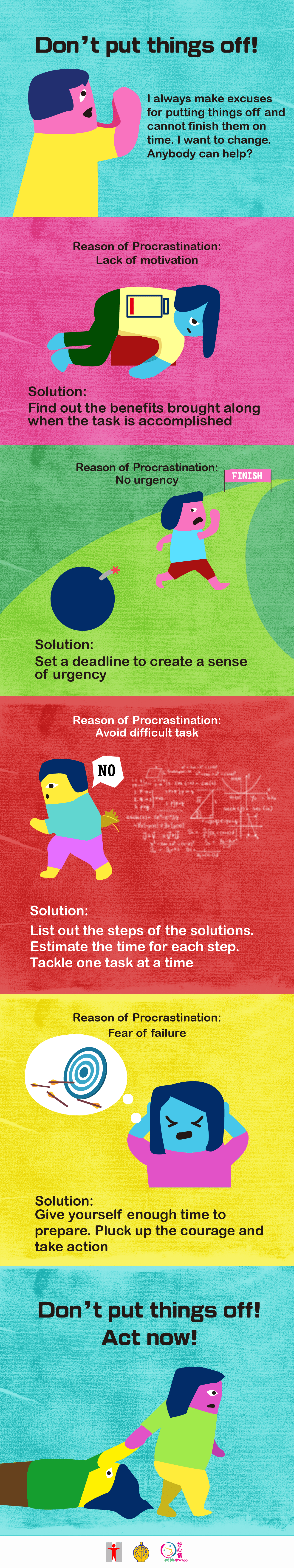 Don’t put things off!I always make excuses for putting things off and cannot finish them on time. I want to change. Anybody can help?Reason of Procrastination:Lack of motivation/Solution:Find out the benefits brought along when the task is accomplished/Reason of Procrastination:No urgency/Solution:Set a deadline to create a sense of urgency/Reason of Procrastination:Avoid difficult task/Solution:List out the steps of the solutions.Estimate the time for each step.Tackle one task at a time/Reason of Procrastination:Fear of failure/Solution:Give yourself enough time to prepare. Pluck up the courage and take action/Don’t put things off!Act now!