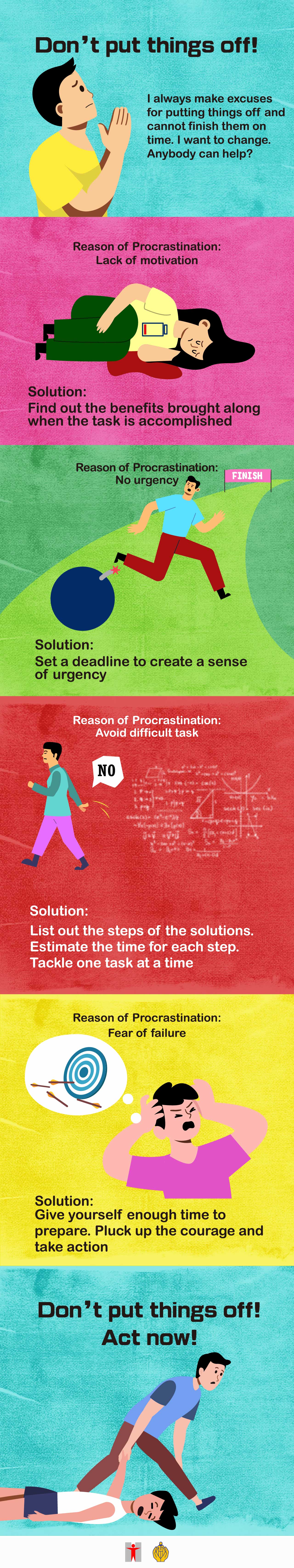 Don’t put things off!I always make excuses for putting things off and cannot finish them on time. I want to change. Anybody can help?Reason of Procrastination:Lack of motivation/Solution:Find out the benefits brought along when the task is accomplished/Reason of Procrastination:No urgency/Solution:Set a deadline to create a sense of urgency/Reason of Procrastination:Avoid difficult task/Solution:List out the steps of the solutions.Estimate the time for each step.Tackle one task at a time/Reason of Procrastination:Fear of failure/Solution:Give yourself enough time to prepare. Pluck up the courage and take action/Don’t put things off!Act now!