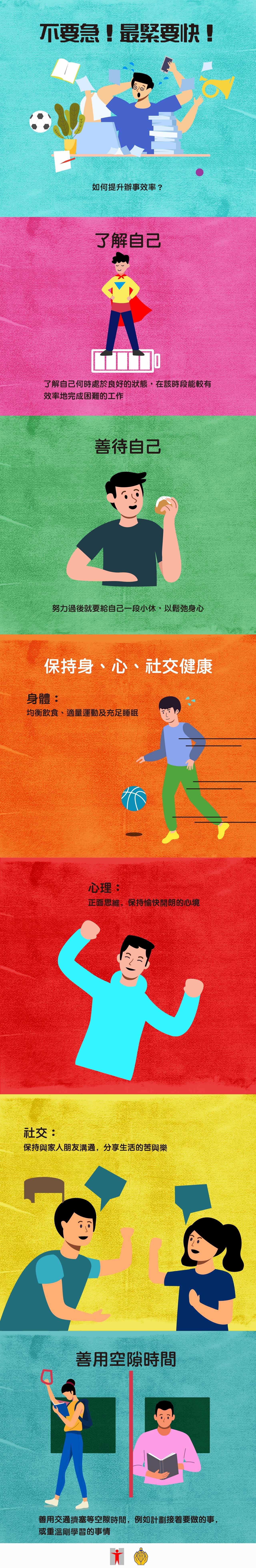 不要急！最緊要快！如何提升辦事效率？了解自己/了解自己何時處於良好的狀態，在該時段能較有效率地完成困難的工作/善待自己/努力過後就要給自己一段小休，以鬆弛身心/保持身、心、社交健康/身體︰均衡飲食、適量運動及充足睡眠/心理︰正面思維，保持愉快開朗的心境/社交︰保持與家人朋友溝通，分享生活的苦與樂/善用空隙時間/善用交通擠塞等空隙時間，例如計劃接着要做的事，或重溫剛學習的事情/最重要有效率！
